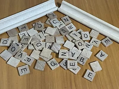 60 Scrabble Game Tiles & Wood Holders - 1989 Vintage • $12
