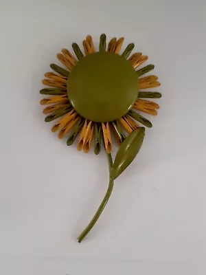 Large Enamel Brooch Vintage 60s Huge Pop Art Green/Yellow Daisy Flower Brooch • $18.99