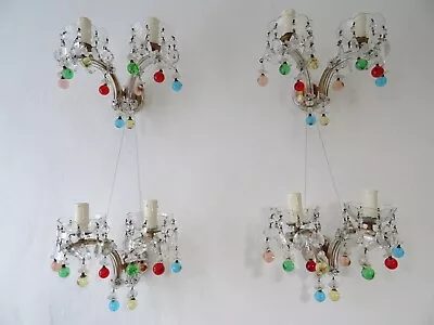 ~c 1920 Rare Set Four Murano Glass Color Balls Crystal Prisms Sconces~ • $2499