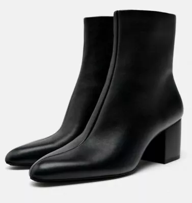 Zara NWT Heeled Leather Block Ankle Boots US 8 EUR 39 • $54.99