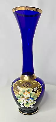 VTG BOHEMIAN MOSER STYLE GLASS Enamel HandPainted Blue Gold Floral BudVase Japan • $25
