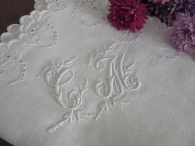 £22.99 • Buy Elegant Antique French Linen Tablecloth - Cutwork Embroidery & Monogram C.m.
