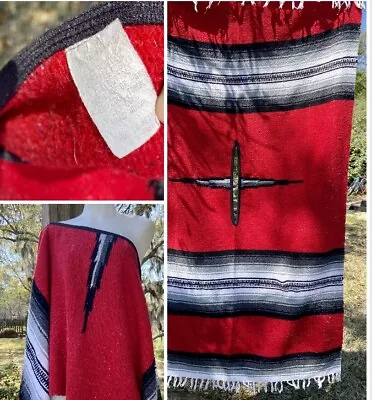 Vintage Mexican Serape Poncho Blanket Authentic Made In Mexico Red Woven Saddle • $48