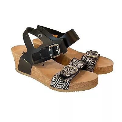 Mephisto Sandal Womens 41 US 11 Lissandra Black Gold Buckle Wedge Comfort Shoes • $74.88