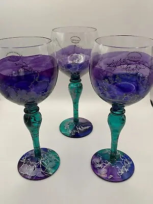 VTG Euro Glass Mouth Blown Multicolored Hand Painted Wine Glasses 8x3” Set Of 3 • $39.87