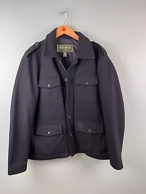 Eddie Bauer Mens Large Black Wool Blend Heavy Jacket Full Zip Military Pea Coat • $32.99