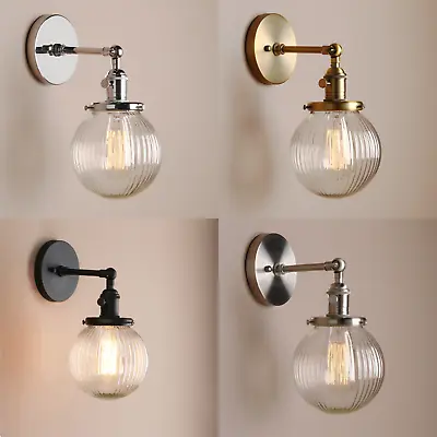 Industrial Wall Sconce Ribbed Globe 5.9” Clear Glass Lampshade Kitchen Lighting • £36.99