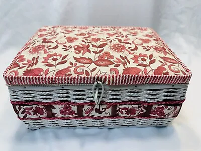 Vintage Sewing Basket Wicker Woven With Handle 8x11x5.5” Red White Floral Design • $12.90