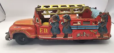 Vintage Retro Marusan Tin Fire Truck Ladder Model Friction Toy  Japan • $130.48