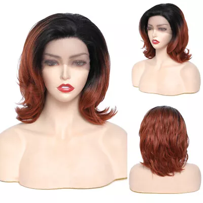 Feathered Wavy Short Bob Cosplay Wig Women Ombre Red Brown Synthetic Lace Wig • $27.53