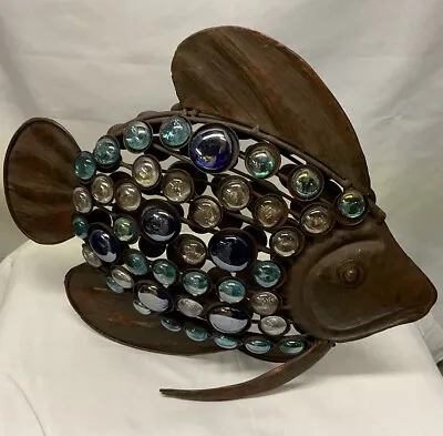 Metal Fish Sculpture Faux Stones Hand Craft Art Tin Brass LG 13”Wx10”Tx2”D • $39.99