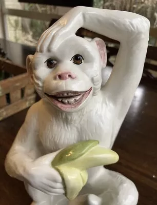 Vintage Italian White Glazed Ceramic Monkey Holding Banana Scratching Head 9 In • $358