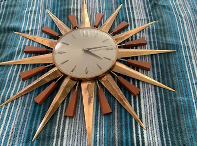£140 • Buy Vintage METAMEC Sunburst Quartz Wall Clock Teak & Brass Retro Starburst #497