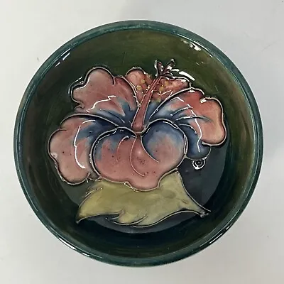Vintage Moorcroft Pottery Small 3.25” Green Bowl Pink Hibiscus Paper Label • $49