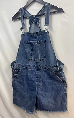 GAP Denim Bib Overalls Shorts Raw Frayed Hem Blue Jean Womens Size Large L • $30
