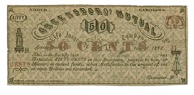 1862 50 Cents Greensboro Mutual Carolina Note - CIVIL WAR Era Banknotes • $189.99