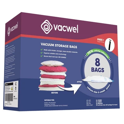$19.99 • Buy 8 Vacuum Storage Bags 2x Jumbo, 2x Large, 2x Medium 2x Roll With Travel Pump
