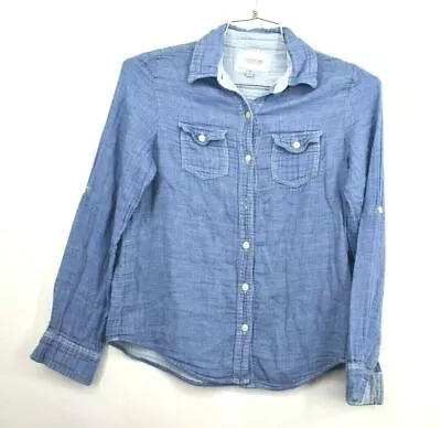 I Love H81 Womens Mock Denim Button Front Shirt Curve Hem Cotton Size Medium • $8.84