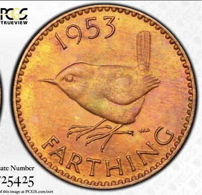 1953 GREAT BRITAIN UK FARTHING 1/4 D PCGS Graded W/ Trueview MS65RB • $65.50