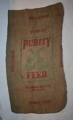 Vintage 100 Lb Purity Feed Burlap Sack Urbana Mills Ohio 2 Sided Print • $9.95