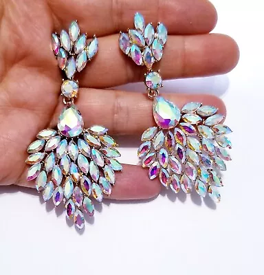 AB Drop Dangle Chandelier Rhinestone Crystal Pageant Prom Earrings 3.2 Inch • $39.99