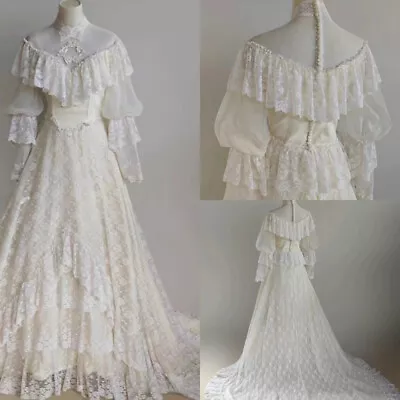 Vintage Wedding Dresses Tiered Lace Ruffle Sweep Train V Neck Bridal Gowns Boho • $157.32