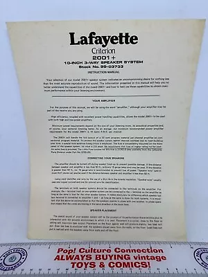 Vintage 1977 Lafayette Criterion 2001+ Speaker System Instruction Manual Sheet 2 • $14.99