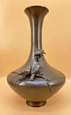 Japanese Meiji Bronze Vase W/ Birds W/gold Eyes Signed • $1099