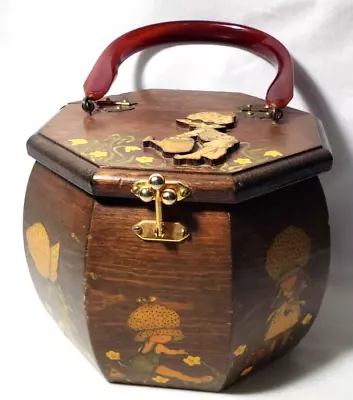 Vintage Octagonal Wooden Decoupage Box Purse With Lucite Handle Prairie  • $34.96