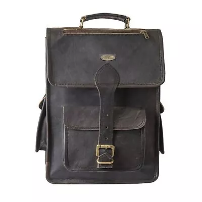 Men's Backpack Bag Laptop Satchel Briefcase BLACK Vintage 16  Genuine Leather  • £57.60