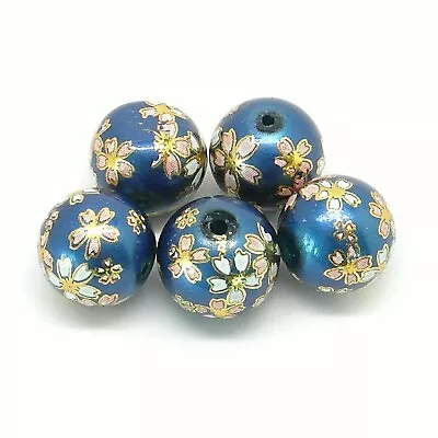 5 Japanese Tensha Glass Beads- 12mm - Blue With Cherry Blossom Decoration J99878 • £5.89