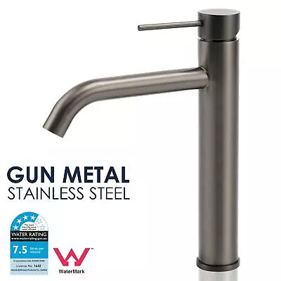 Bathroom Tall Basin Mixer Tap Vanity Round Spout Gun Metal Gray Flick Faucet • $109