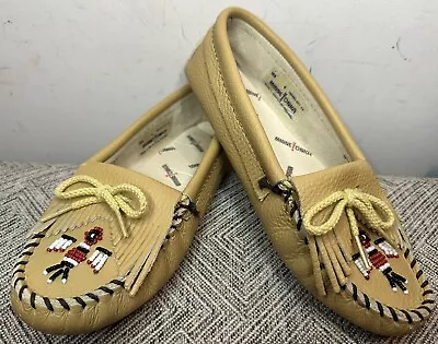 Minnetonka Moccasins Thunderbird Natural Tan Leather Beaded Womens Size 6 • $19.95