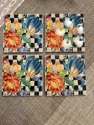 Mackenzie Childs Inspired Black And White Checkered Floral Coasters  Set Of 4 • $20