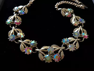 £14 • Buy Vintage 1950s Jewelcraft ? Aurora Borealis Crystal Flower Panel Link Necklace