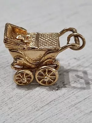 9ct Yellow Gold Vintage Baby Carriage Stroller Charm Pendant Moving Wheels  • $513.12