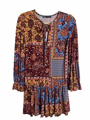 Zara Dress Womens Small Blue Burgundy Patchwork Paisley Floral Boho Peplum • $17.50