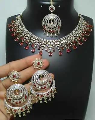 Indian Bollywood Bridal Set Gold Plated Tika Jewelry Earrings Ethnic AD Necklace • $32.99