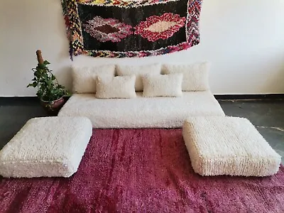 Moroccan Handmade Floor Couch - Unstuffed Wool White Sofa Covers + Pillow Cases • $542.30