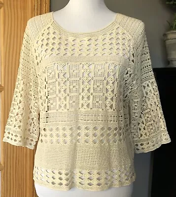 H&M Women’s Open Knit Blouse Sz M Geometric Lace Ivory Cotton 3/4 Sleeves • $14