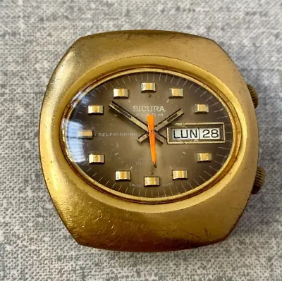 SICURA Alarm Incabloc Watch Vintage Selfwinding Men's  17 Jewels Brown Dial Rare • $110