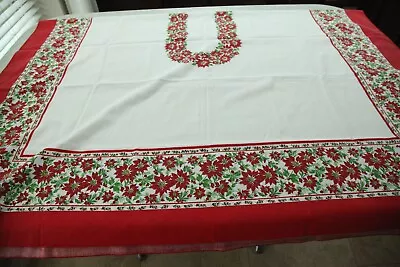 FLAWS Vintage Rectangle 59  X 81  Christmas Tablecloth Poinsettia Holiday Print • $17.50