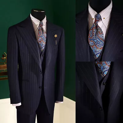 Men 3-Piece Pinstripe Navy Blue Classic Suits Gentleman Elegant Formal Occasion • $108.89