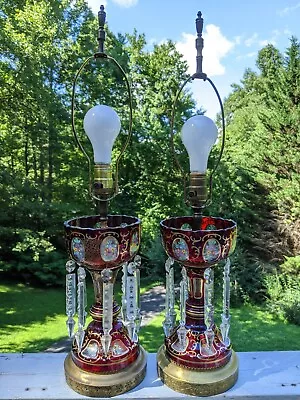 Antique Ruby Glass Mantle Lustres Cut To Clear & Painted Lamps Germany U.S. Zone • $1750