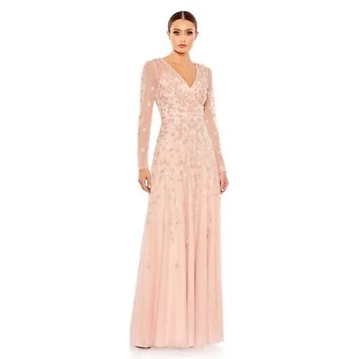 Mac Duggal Embellished Floral Wrap Illusion Long Sleeve Gown Peach Size 16 NWT • $400