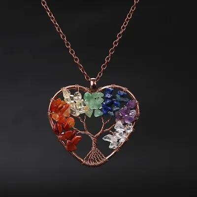 £4.35 • Buy 7 Chakra Tree Of Life Pendant Necklace Crystal Quartz Stone Bronze Heart Gift