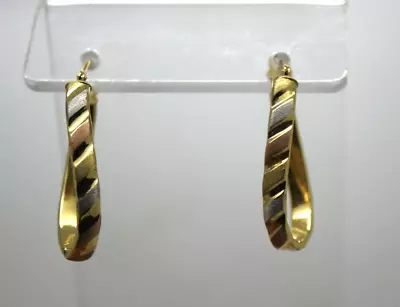 MILOR 18k TRI-TONE Gold TWISTED DESIGN ELONGATED HOOP EARRINGS SHINY • $199.95