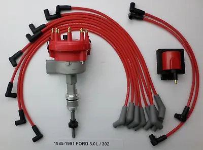 1985-1991 FORD 5.0L 302 EFI DISTRIBUTOR + 48k V COIL + RED SPARK PLUG WIRES USA • $199.95