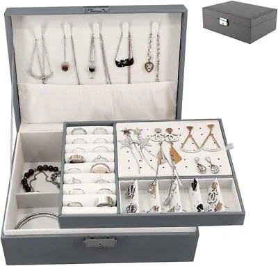 2 Layer Large Jewellery Boxes Leather Storage Case Rings Necklaces Organizer UK • £11.75