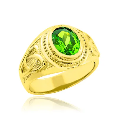 Gold Celtic Ring With Emerald Green Oval CZ - Men's Ring • $479.99
